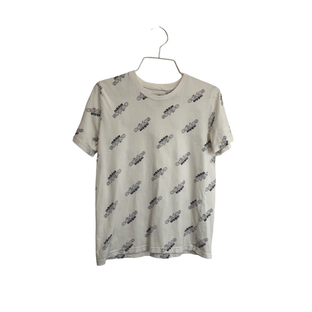 Adidas All Over Print Logo Graphic Short Sleeve White Black Tee Youth Size 10/12
